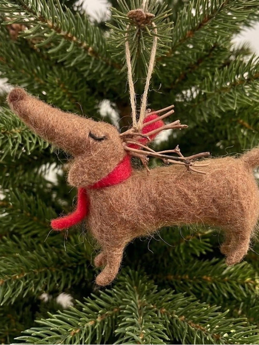 Felted Dachshund Reindeer Christmas Tree Ornament